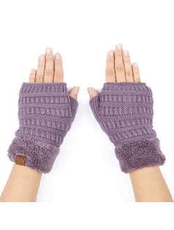 C.C Fingerless Gloves Fuzzy Lined Knit Wrist Warmer Solid Ribbed Glove (FLG-25)