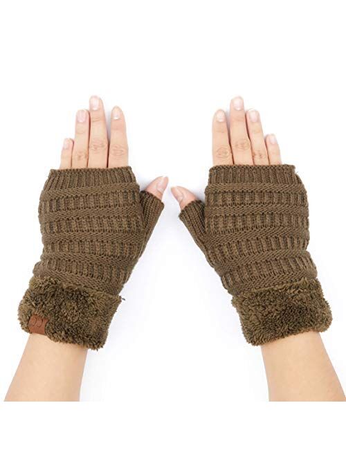 C.C Fingerless Gloves Fuzzy Lined Knit Wrist Warmer Solid Ribbed Glove (FLG-25)