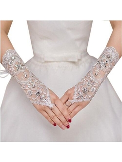 MisShow Lace Fingerless Rhinestone Bridal Gloves for Wedding Party