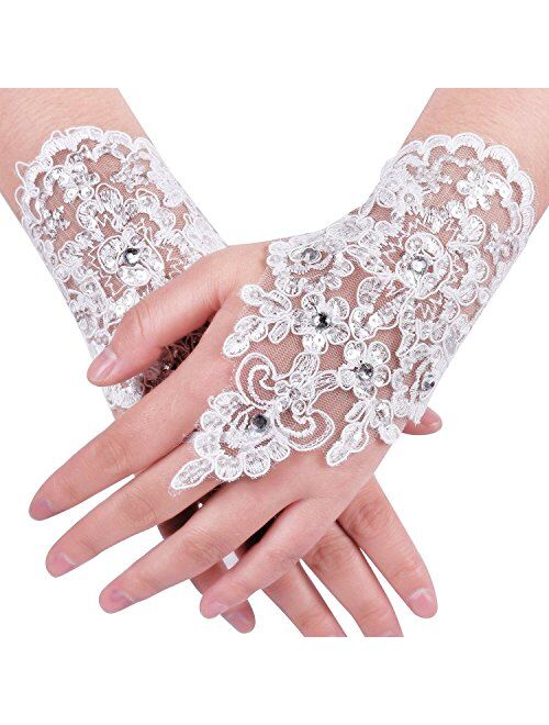 MisShow Lace Fingerless Rhinestone Bridal Gloves for Wedding Party