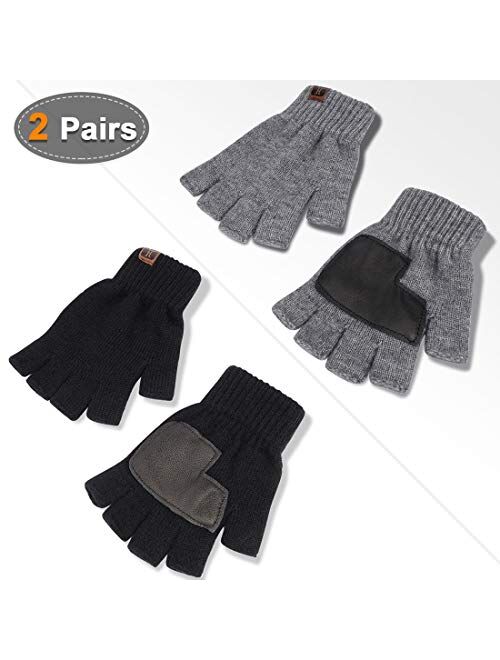 1/2 Pairs Winter Knit Fingerless Gloves, Warm Touchscreen Texting Open Finger Gloves with Anti-Slip Leather by Maylisacc