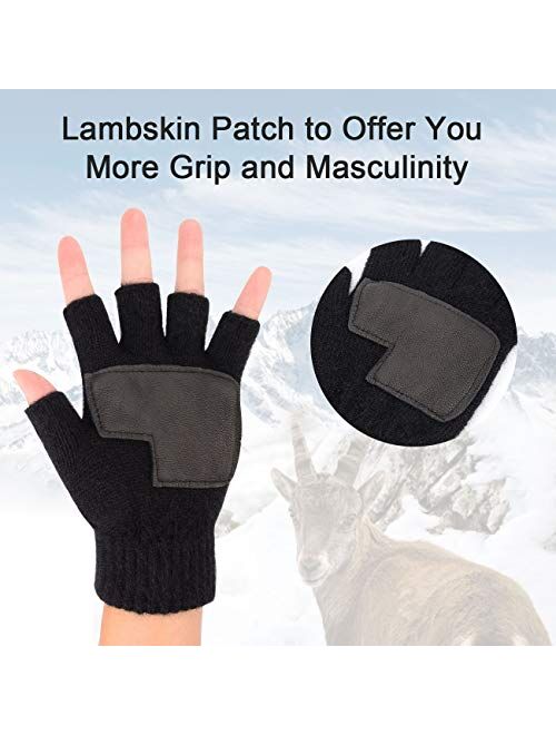 1/2 Pairs Winter Knit Fingerless Gloves, Warm Touchscreen Texting Open Finger Gloves with Anti-Slip Leather by Maylisacc