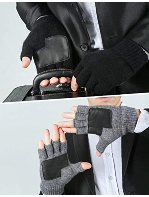 1/2 Pairs Winter Knit Fingerless Gloves, Warm Touchscreen Texting Open Finger Gloves with Anti-Slip Leather by Maylisacc