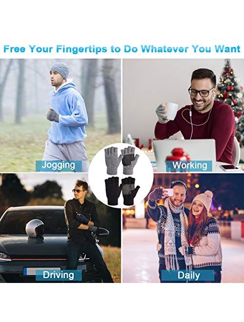 1/2 Pairs Winter Knit Fingerless Gloves, Warm Touchscreen Texting Open Finger Gloves with Anti-Slip Leather by Maylisacc