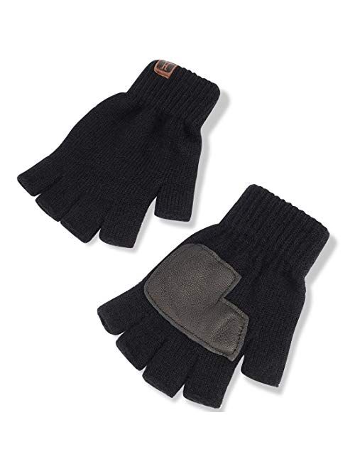 1/2 Pairs Winter Knit Fingerless Gloves, Warm Touchscreen Texting Open Finger Gloves with Anti-Slip Leather by Maylisacc