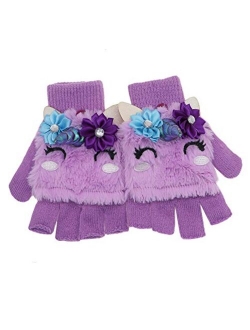 Kids Unicorn Flip Top Gloves with Mitten Cover Knitted Winter Fingerless Convertible Mittens for Boy Girls Toddler