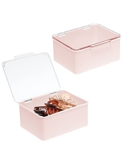 mDesign Plastic Stackable Bathroom Vanity Countertop Storage Hair Accessory Organizer Box with Hinged Lid for Makeup, Beauty, Hair, Nail Supplies - Clear/Light Pink