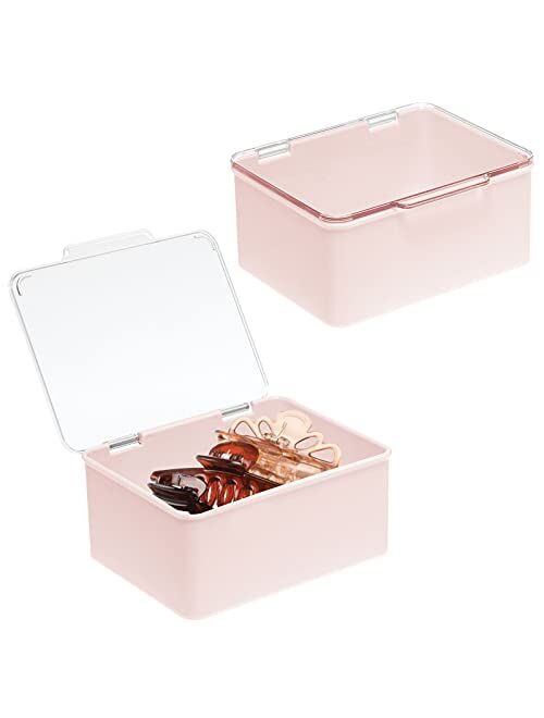 mDesign Plastic Stackable Bathroom Vanity Countertop Storage Hair Accessory Organizer Box with Hinged Lid for Makeup, Beauty, Hair, Nail Supplies - Clear/Light Pink