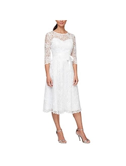 Women's Tea Length Embroidered Dress Illusion Sleeves (Petite Missy)