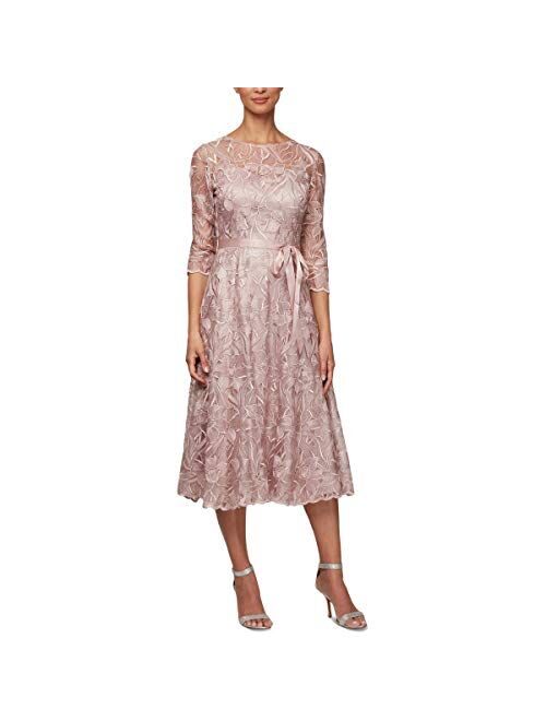 Alex Evenings Women's Tea Length Embroidered Dress Illusion Sleeves (Petite Missy)