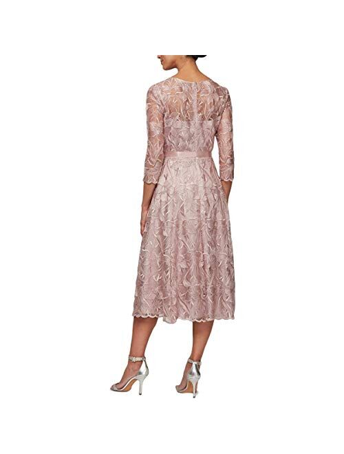 Alex Evenings Women's Tea Length Embroidered Dress Illusion Sleeves (Petite Missy)