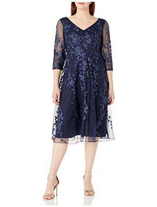 Alex Evenings Women's Tea Length Embroidered Dress Illusion Sleeves (Petite Missy)