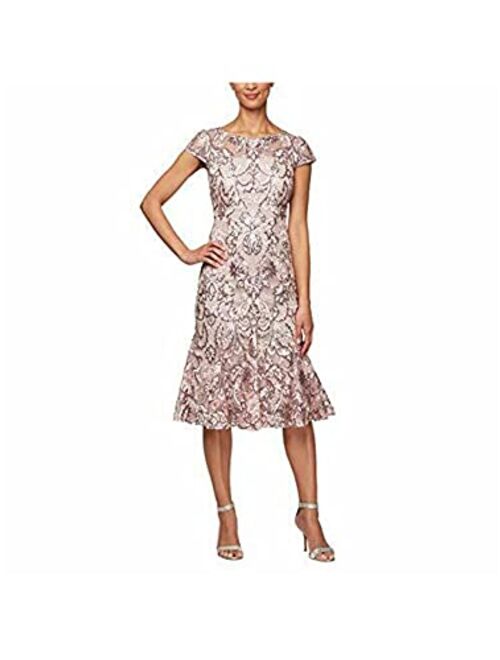 Alex Evenings Women's Tea Length Embroidered Dress with Godets