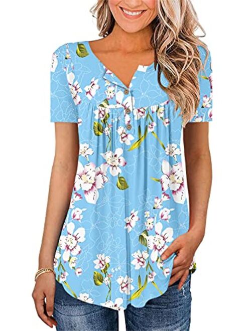 ONLYSHE Womens Casual Short Sleeve Shirts V Neck&U Neck Tops Button Up Tunic Floral Ruffle Blouse