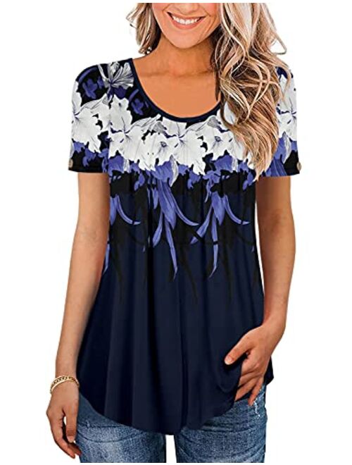 ONLYSHE Womens Casual Short Sleeve Shirts V Neck&U Neck Tops Button Up Tunic Floral Ruffle Blouse