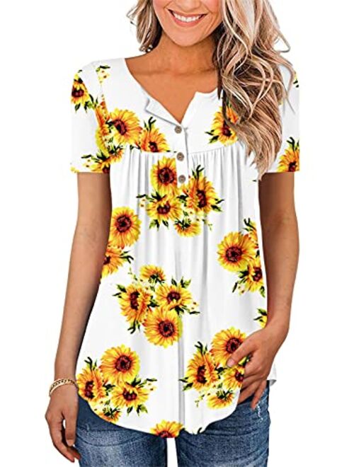 ONLYSHE Womens Casual Short Sleeve Shirts V Neck&U Neck Tops Button Up Tunic Floral Ruffle Blouse