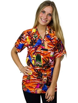 Hawaiian Blouse Shirt for Women Funky Casual Button Down Very Loud Shortsleeve Unisex Parrot Beerbottle