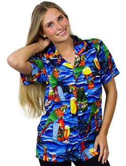 Hawaiian Blouse Shirt for Women Funky Casual Button Down Very Loud Shortsleeve Unisex Parrot Beerbottle