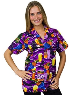 Hawaiian Blouse Shirt for Women Funky Casual Button Down Very Loud Shortsleeve Unisex Parrot Beerbottle