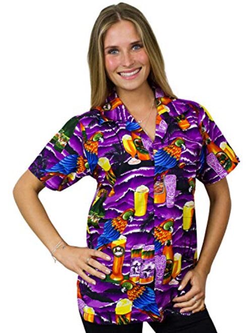 King Kameha Hawaiian Blouse Shirt for Women Funky Casual Button Down Very Loud Shortsleeve Unisex Parrot Beerbottle