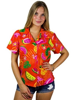 Hawaiian Blouse Shirt for Women Funky Casual Button Down Very Loud Shortsleeve Flamingos