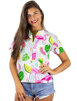 Hawaiian Blouse Shirt for Women Funky Casual Button Down Very Loud Shortsleeve Flamingos