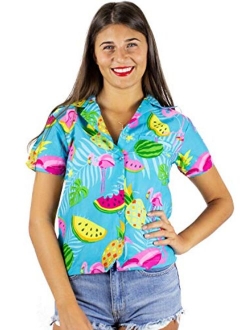 Hawaiian Blouse Shirt for Women Funky Casual Button Down Very Loud Shortsleeve Flamingos