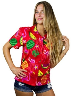 Hawaiian Blouse Shirt for Women Funky Casual Button Down Very Loud Shortsleeve Flamingos