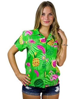 Hawaiian Blouse Shirt for Women Funky Casual Button Down Very Loud Shortsleeve Flamingos