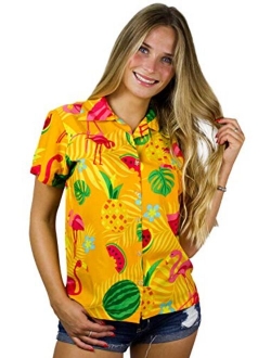 Hawaiian Blouse Shirt for Women Funky Casual Button Down Very Loud Shortsleeve Flamingos