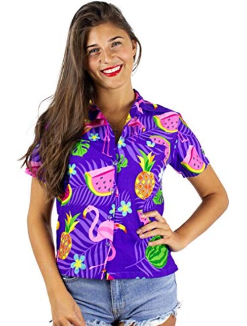 King Kameha Hawaiian Blouse Shirt for Women Funky Casual Button Down Very Loud Shortsleeve Flamingos