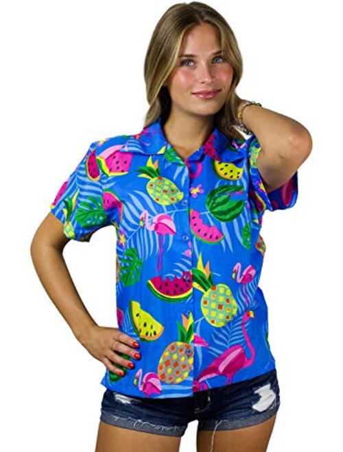 King Kameha Hawaiian Blouse Shirt for Women Funky Casual Button Down Very Loud Shortsleeve Flamingos