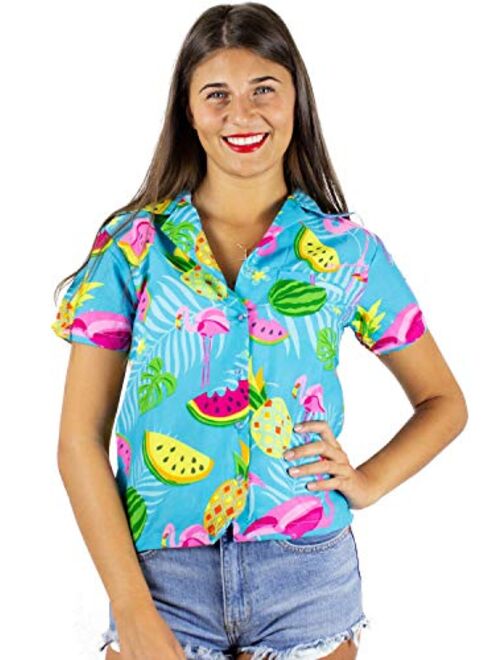 King Kameha Hawaiian Blouse Shirt for Women Funky Casual Button Down Very Loud Shortsleeve Flamingos