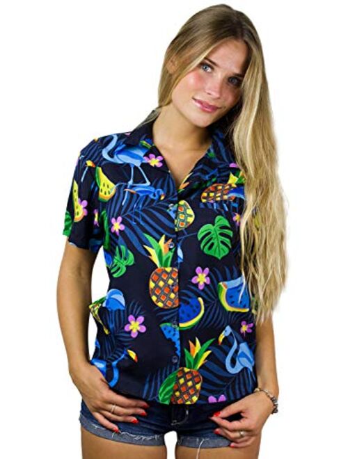 King Kameha Hawaiian Blouse Shirt for Women Funky Casual Button Down Very Loud Shortsleeve Flamingos