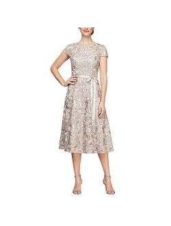 Women's Tea Length Dress with Rosette Detail (Petite and Regular)