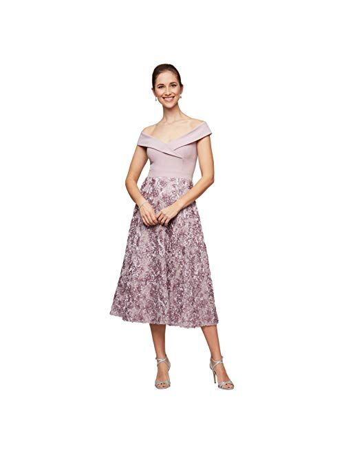 Alex Evenings Women's Tea Length Dress with Rosette Detail (Petite and Regular)