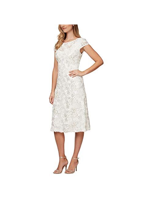 Alex Evenings Women's Tea Length Dress with Rosette Detail (Petite and Regular)