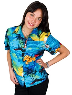 Hawaiian Blouse Shirt for Women Funky Casual Button Down Very Loud Shortsleeve Small Flower