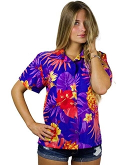 Hawaiian Blouse Shirt for Women Funky Casual Button Down Very Loud Shortsleeve Small Flower