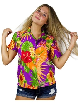 Hawaiian Blouse Shirt for Women Funky Casual Button Down Very Loud Shortsleeve Small Flower