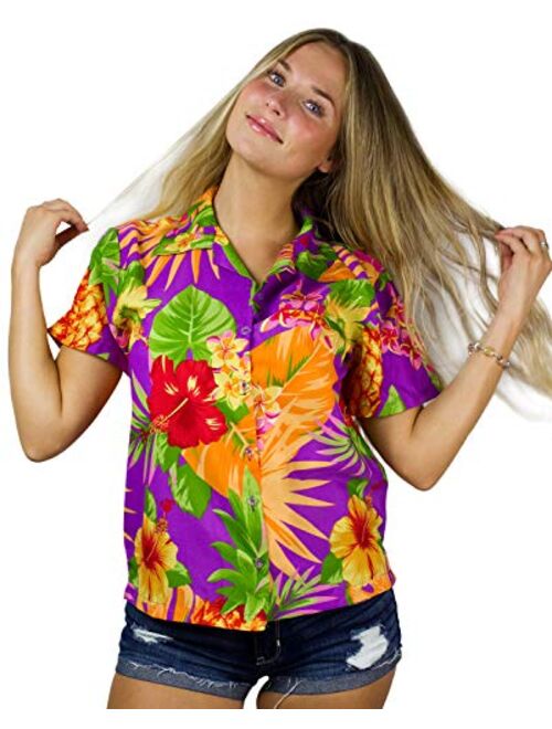 KING KAMEHA Hawaiian Blouse Shirt for Women Funky Casual Button Down Very Loud Shortsleeve Small Flower