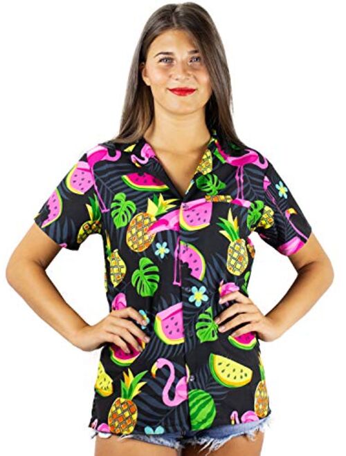 KING KAMEHA Hawaiian Blouse Shirt for Women Funky Casual Button Down Very Loud Shortsleeve Small Flower