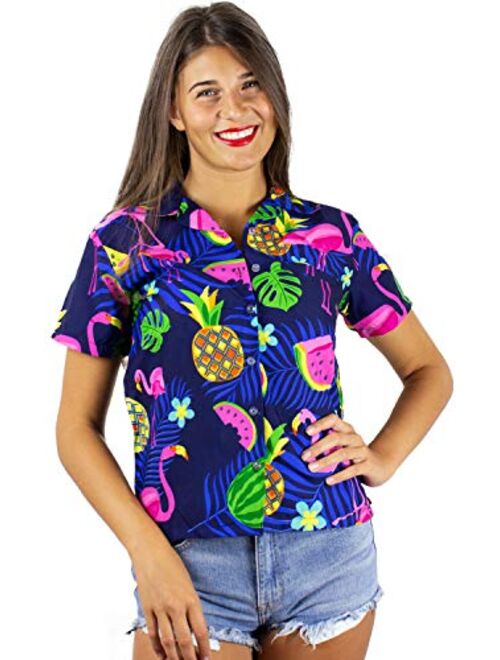 KING KAMEHA Hawaiian Blouse Shirt for Women Funky Casual Button Down Very Loud Shortsleeve Small Flower