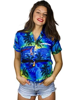 Funky Casual Hawaiian Blouse Shirt for Women Front Pocket Button Down Very Loud Shortsleeve Surf Print