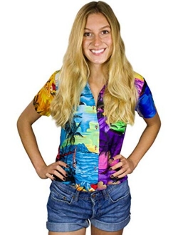 Funky Casual Hawaiian Blouse Shirt for Women Front Pocket Button Down Very Loud Shortsleeve Surf Print