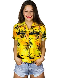 Funky Casual Hawaiian Blouse Shirt for Women Front Pocket Button Down Very Loud Shortsleeve Surf Print