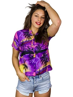 Funky Casual Hawaiian Blouse Shirt for Women Front Pocket Button Down Very Loud Shortsleeve Surf Print