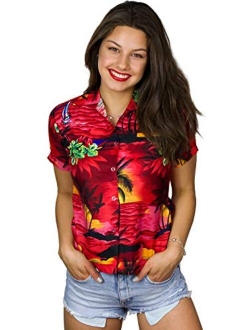 Funky Casual Hawaiian Blouse Shirt for Women Front Pocket Button Down Very Loud Shortsleeve Surf Print