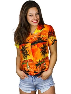 Funky Casual Hawaiian Blouse Shirt for Women Front Pocket Button Down Very Loud Shortsleeve Surf Print