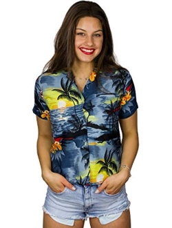 Funky Casual Hawaiian Blouse Shirt for Women Front Pocket Button Down Very Loud Shortsleeve Surf Print